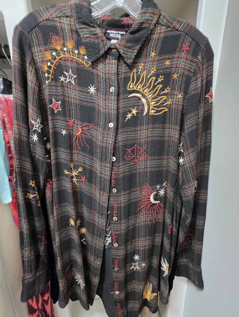 Johnny Was Black Plaid Button-Down Shirt with Gold & Red Celestial Embroidery